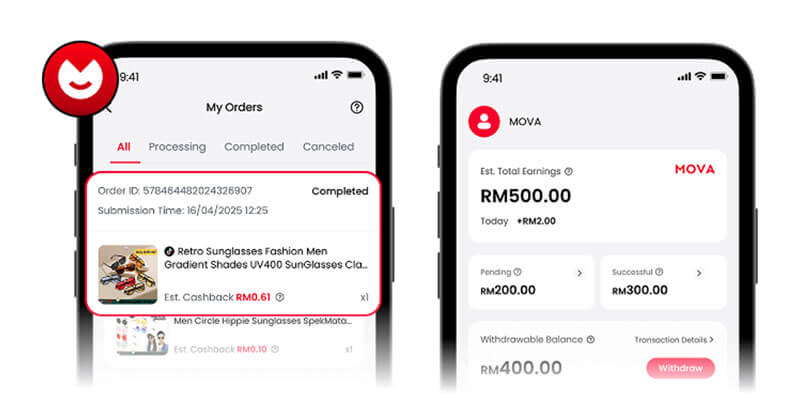 MOVA Cashback Order Completed with Cashback Earning